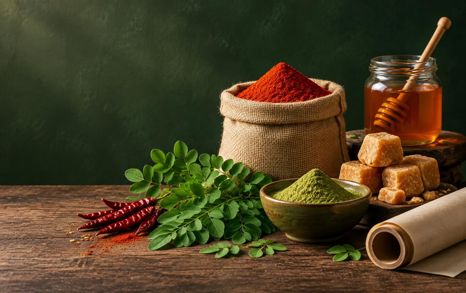 Red chilli powder, moringa, cane jaggery, raw honey and baking paper